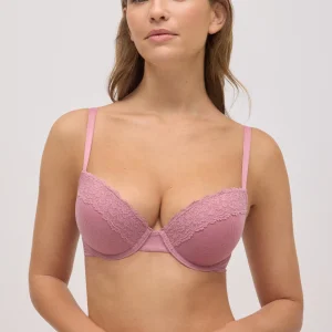 Soutien-gorge push-up côtelé en dentelle rose, bonnet B