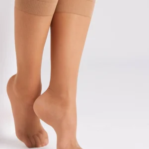 Lot de 2 chaussettes longues anti-pression manchette 15 deniers beige
