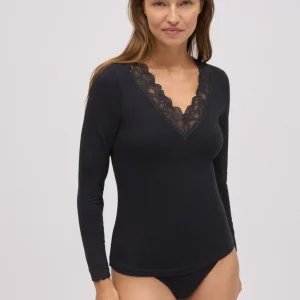 T-shirt noir à manches longues en coton avec dentelle