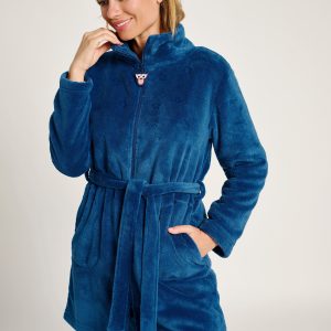 Robe de chambre zippée avec ceinture motif hibou bleu | MUYDEMI