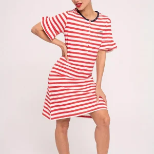 Chemise de nuit femme en coton avec détail volant imprimé rayé | MUYDEMI