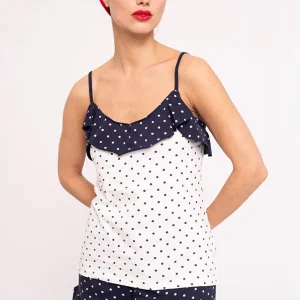 Pyjama court femme en coton à volants imprimé pois | MUYDEMI