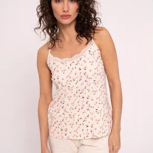 Pyjama court femme à bretelles et détails en dentelle imprimée | MUYDEMI