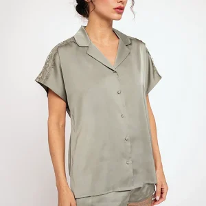 Pyjama court femme en satin vert | MUYDEMI
