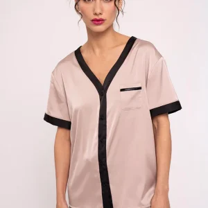 Pyjama chemise court boutonné en satin rose femme | MUYDEMI