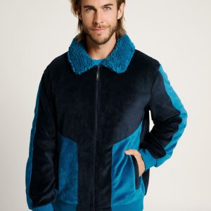 Manteau homme à col en peau lainée et poches bicolores | MUYDEMI