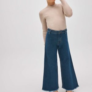 Pantalon fille en denim bleu marine à jambes larges