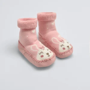 Chaussons-chaussettes thermiques pour bébé avec semelle antidérapante rose