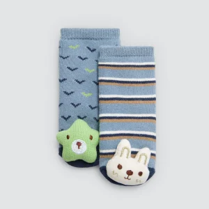 Lot de 2 chaussettes thermiques sensorielles pour bébé avec hochet bleu