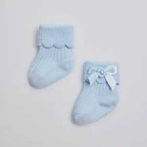 Chaussettes côtelées avec noeud nouveau-né bleu clair