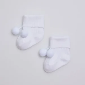 Chaussettes côtelées à pompons pour nouveau-né blanc