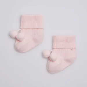 Chaussettes côtelées à pompons nouveau-né rose