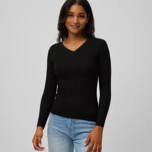 T-shirt thermique noir à manches longues et détail en dentelle, contrôle de la température