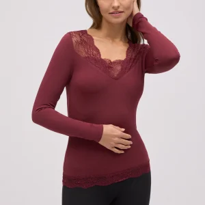 T-shirt thermique col V avec dentelle marron