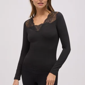 T-shirt thermique col V avec dentelle noire