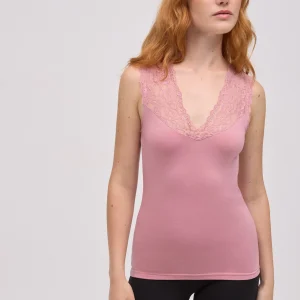 Débardeur thermique à bretelles col V et détails en dentelle rose