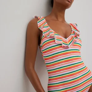 Maillot de bain imprimé à rayures micropiqué et volants