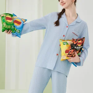 Pyjama femme en gaze de coton bleu