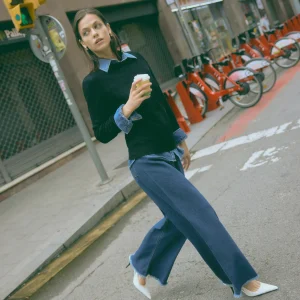 Jean stretch bleu marine à jambes larges