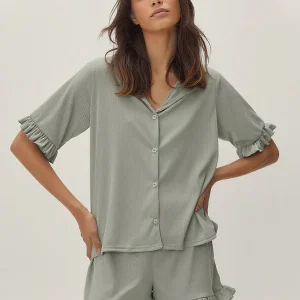 Pyjama Côtelé Chemise & Short À Détails Volantés | Signature