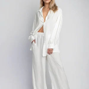 Pyjama Chemise et Pantalon en Satin Côtelé Blanc Signature