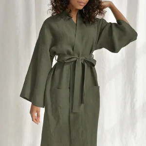 Robe de Chambre Double Poches à Manches Amples en Coton pour Femme Khaki Signature