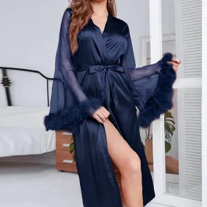 Robe de Chambre Élégante à Plumes Bleu Signature