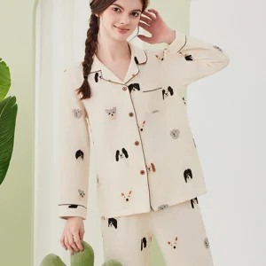 Pyjama femme gaze de coton crème à motifs chiens