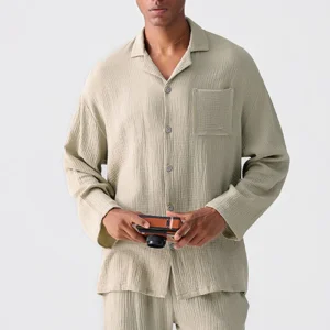 Pyjama homme en gaze de coton beige sable