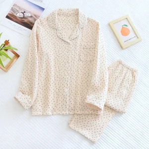 Pyjama coton femme crème à motifs