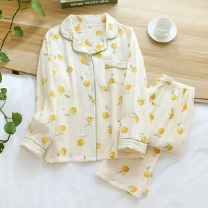 Pyjama coton femme crème motifs citrons