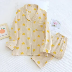 Pyjama coton femme jaune motifs coeurs