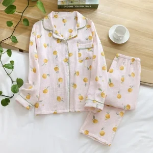 Pyjama coton femme rose motifs citrons