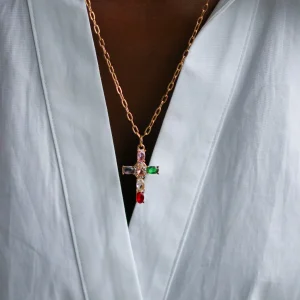 Collier long Croix coloré